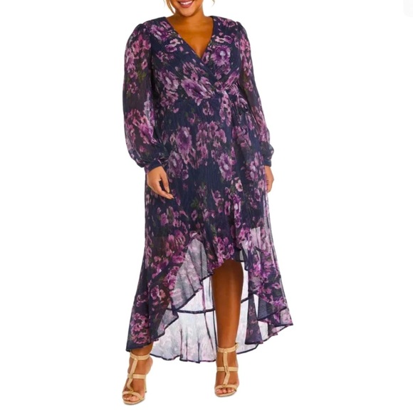 Women’s Formal Dress Size 20W NIGHTWAY Purple Navy Tie Blouson Long Sleeve Hi-Lo - Picture 1 of 11